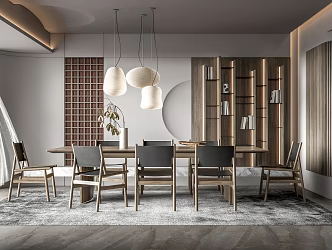 Quiet Restaurant Dining Table and Chair Combination Chandelier Bookshelf Dining Chair 3d model