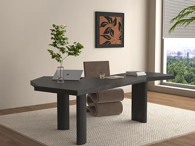 Modern Desk And Chair Set With Laptop Vase Green Plant Decorative Painting And Window View 3d model