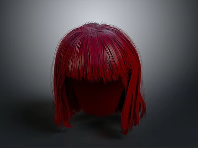 Vibrant Red Hair Wig On Head Model With Short Straight Fringe And Smooth Texture 3d model