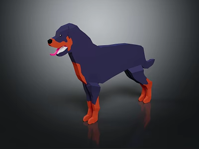 Low Poly Dog in Dark Blue and Orange Standing with Tongue Out on Dark Background 3d model