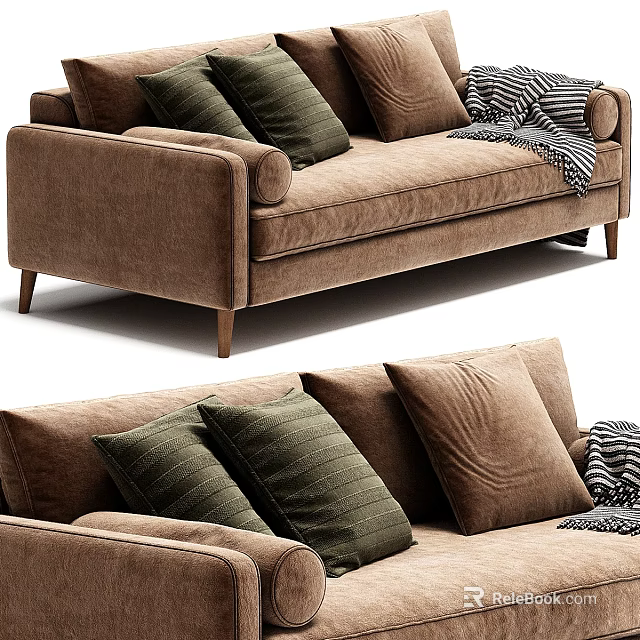 Cozy Brown Two-Seater Sofa With Soft Fabric Upholstery Green Cushions And Striped Throw 3d model 