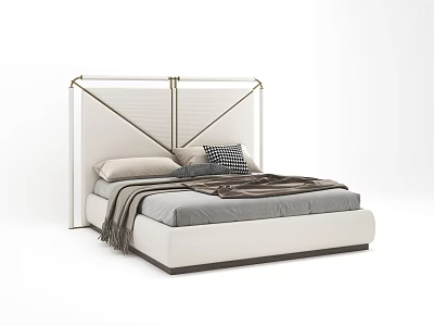 Modern Double Bed With Metal Frame Headboard Gray Mattress Dark Throw Blanket And Decorative Pillows 3d model