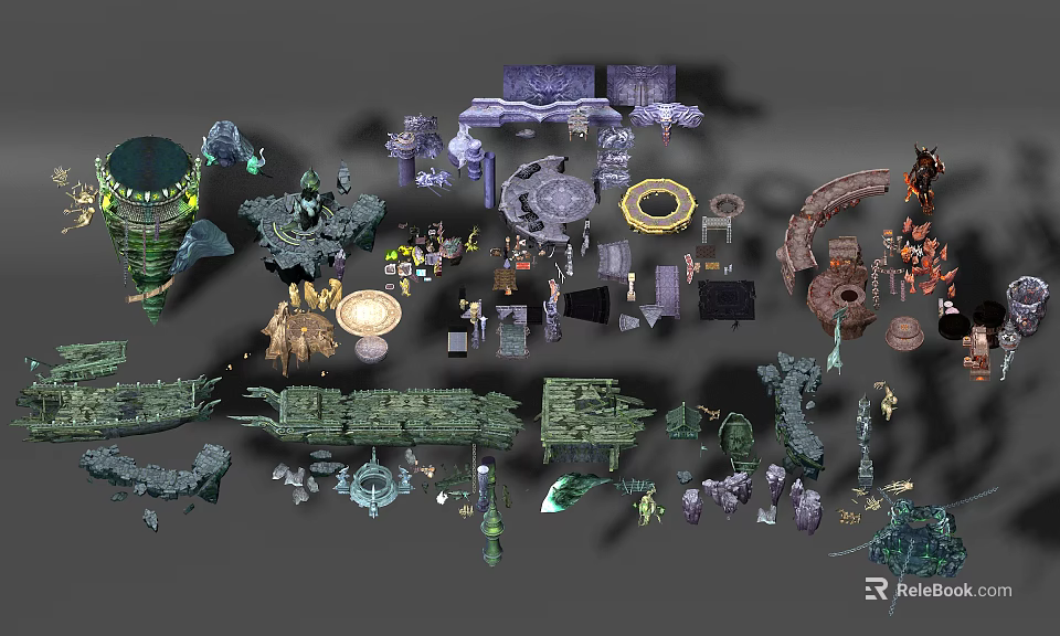 Colorful Cartoon Scene Elements With Towers Platforms Statues And Props 3d model