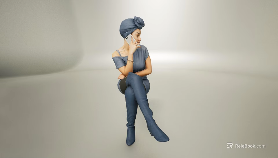 Stylish Sitting Woman In Blue Headscarf Off Shoulder Dress And Long Boots Talking On Phone 3d model 
