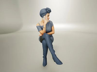 Stylish Sitting Woman In Blue Headscarf Off Shoulder Dress And Long Boots Talking On Phone 3d model