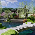 Natural Rockery Stones In Serene Garden With River Lotus Flowers And Blooming Trees