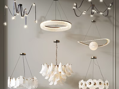 Various Unique Shaped Chandeliers Modern Interior Design With Glass Metal And Petal Elements 3d model
