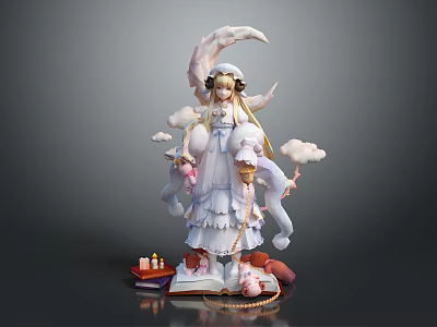 Anime Fantasy Female Figurine With Crescent Moon Clouds Open Book And Candles 3d model