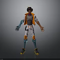 Futuristic 3D Character Model with White Pants Orange Vest and Blue Mechanical Arm