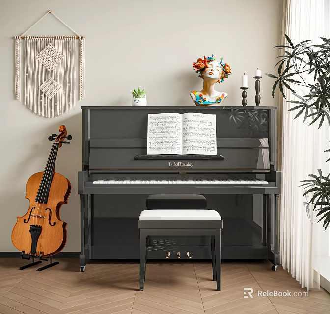 Elegant Room with Musical Instruments and Art Supplies Including Piano Violin and Sheet Music 3d model 