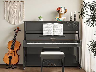 Elegant Room with Musical Instruments and Art Supplies Including Piano Violin and Sheet Music 3d model