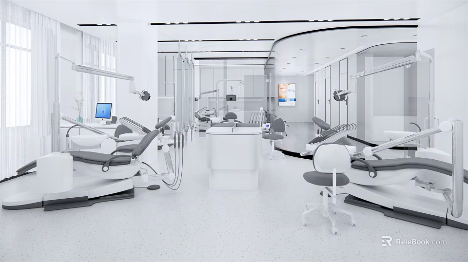 Modern Dental Clinic Interior With Treatment Chairs Medical Equipment And White Clean Environment 3d model 