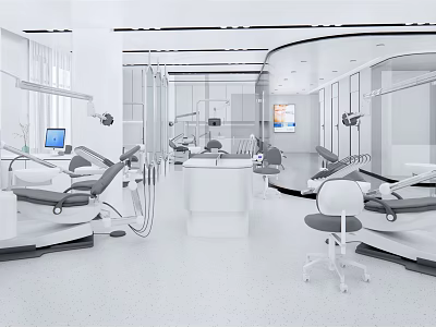 Modern Dental Clinic Interior With Treatment Chairs Medical Equipment And White Clean Environment 3d model