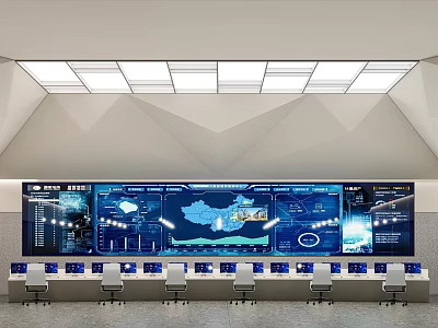 Modern Monitoring Control Room With Large Display Walls Data Charts And Control Consoles 3d model