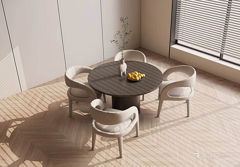 Modern Round Dining Table Set with Four Chairs Vase Lemons on Sunlit Wooden Floor 3d model 