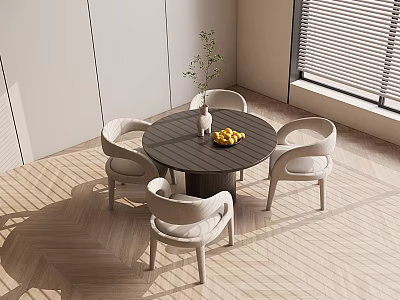 Modern Round Dining Table Set with Four Chairs Vase Lemons on Sunlit Wooden Floor 3d model