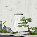 Zen Inspired Indoor Landscape Interior With Rock Formations Pine Tree And Water Feature 3d model