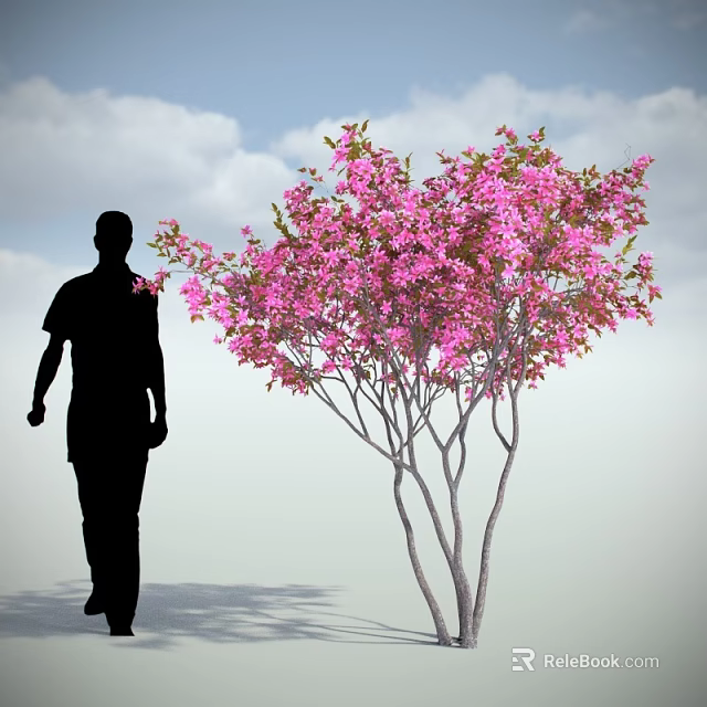 Flowering Arbor With Pink Blossoms And Black Silhouette Figure Under Blue Sky White Clouds 3d model 