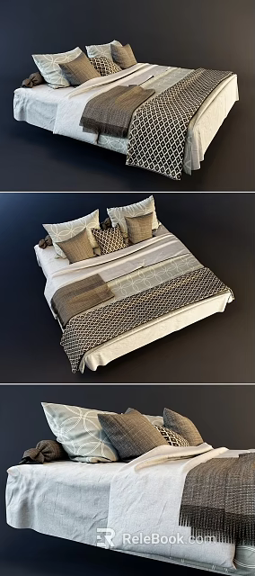 Stylish Double Bed With Multiple Pillows And Patterned Blankets In Neutral Tones 3d model 