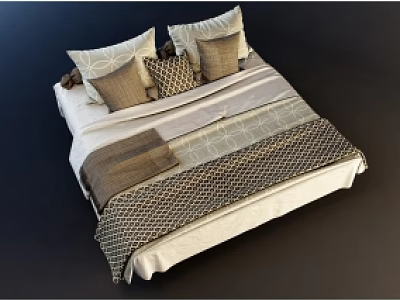 Stylish Double Bed With Multiple Pillows And Patterned Blankets In Neutral Tones 3d model
