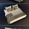 Stylish Double Bed With Multiple Pillows And Patterned Blankets In Neutral Tones 3d model