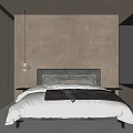 Warm Toned Bedroom Interior With Upholstered Headboard Linen Bedding Pendant Light And Blinds