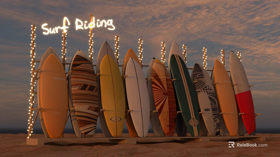 Surf Riding Amusement Equipment With Colorful Surfboards And Neon Sign String Lights 3d model 