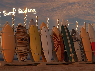 Surf Riding Amusement Equipment With Colorful Surfboards And Neon Sign String Lights 3d model
