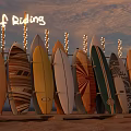 Surf Riding Amusement Equipment With Colorful Surfboards And Neon Sign String Lights