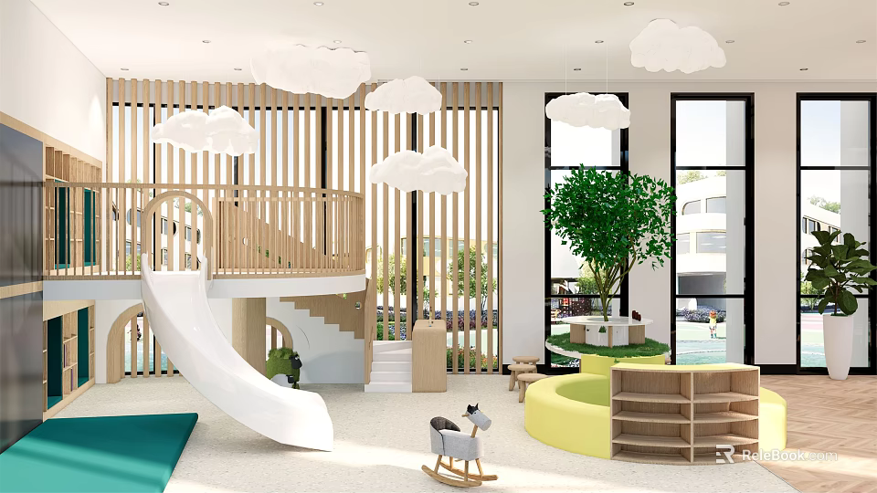 Modern Kindergarten Interior with Slide Rocking Horse Wooden Partitions Cloud Pendant Lights and Large Windows 3d model 