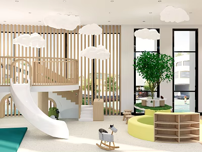 Modern Kindergarten Interior with Slide Rocking Horse Wooden Partitions Cloud Pendant Lights and Large Windows 3d model