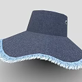 Navy Blue Wide Brim Hat With Fringe Trim And Side Button Detail