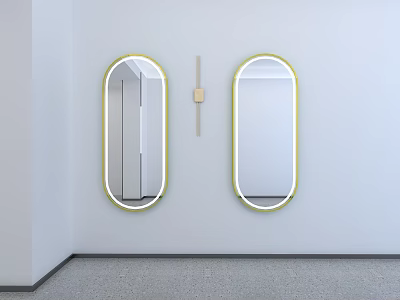 Two Oval Mirrors With Gold Frames Hanging On White Wall In Modern Room 3d model