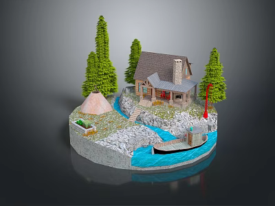Cartoon Scene With Cozy Small House Lush Green Trees Blue Stream Boat Grass And Rocks 3d model