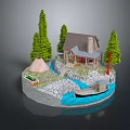 Cartoon Scene With Cozy Small House Lush Green Trees Blue Stream Boat Grass And Rocks