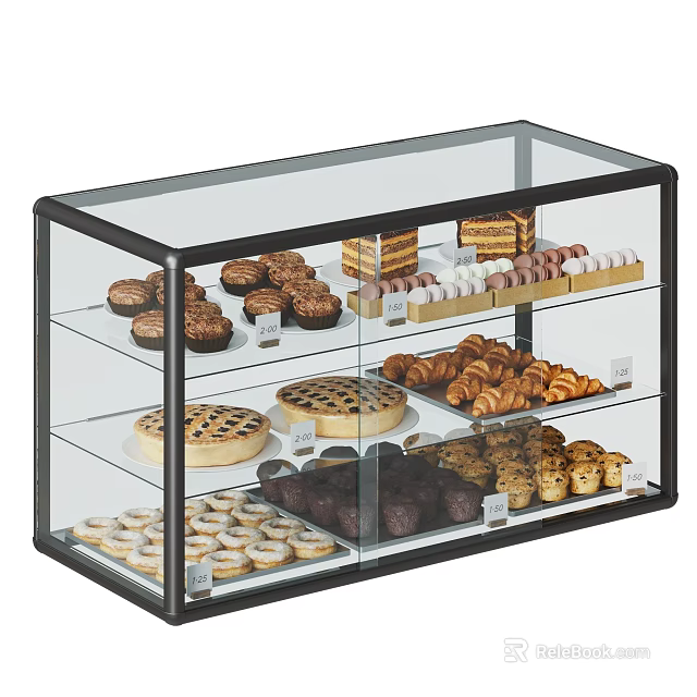 Glass Display Case With Assorted Desserts Including Chocolate Cakes Pies And Croissants 3d model 