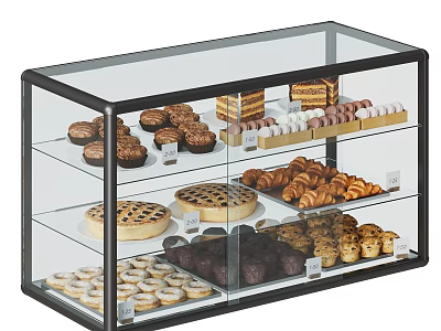 Glass Display Case With Assorted Desserts Including Chocolate Cakes Pies And Croissants 3d model