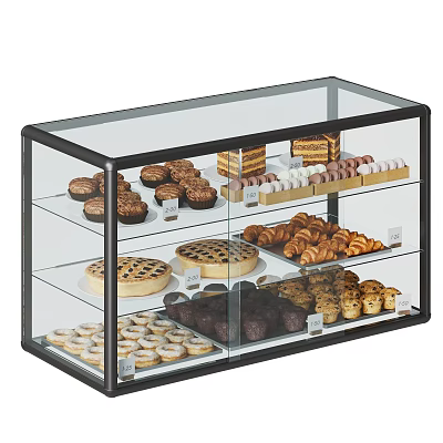 Glass Display Case With Assorted Desserts Including Chocolate Cakes Pies And Croissants 3d model