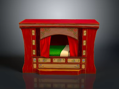 Traditional Red Decorative Furniture With Carved Patterns Green Cushion And Red Curtains 3d model