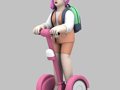 Woman With Pink Hair Riding Pink Electric Scooter Wearing Orange Vest And Green Backpack 3d model