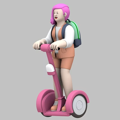 Woman With Pink Hair Riding Pink Electric Scooter Wearing Orange Vest And Green Backpack 3d model