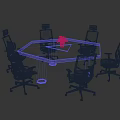 Modern Hexagonal Wooden Top Conference Table with White Office Chairs and Flower Pot Centerpiece
