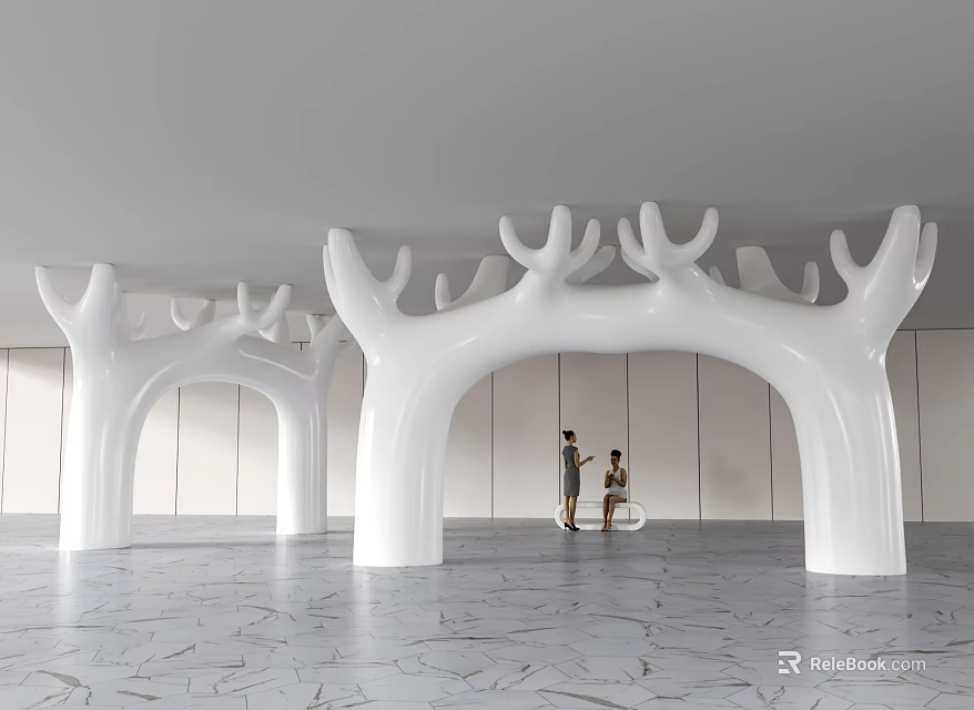 White Antler Shaped Arch Pillars In Modern Space With Marble Floor And People 3d model 