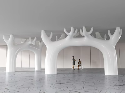 White Antler Shaped Arch Pillars In Modern Space With Marble Floor And People 3d model
