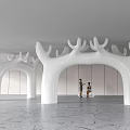 White Antler Shaped Arch Pillars In Modern Space With Marble Floor And People