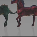 Two Colorful Dragon Like Mythical Creatures With Green And Pink Scales And Horns
