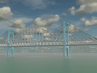 Modern Suspension Bridge With Arch Structure Blue Towers Steel Cables Over Water And Blue Sky 3d model