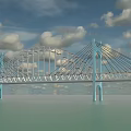 Modern Suspension Bridge With Arch Structure Blue Towers Steel Cables Over Water And Blue Sky