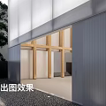 Modern Architectural Rendering With Wooden Frame Glass Facade And Metal Panels Entrance