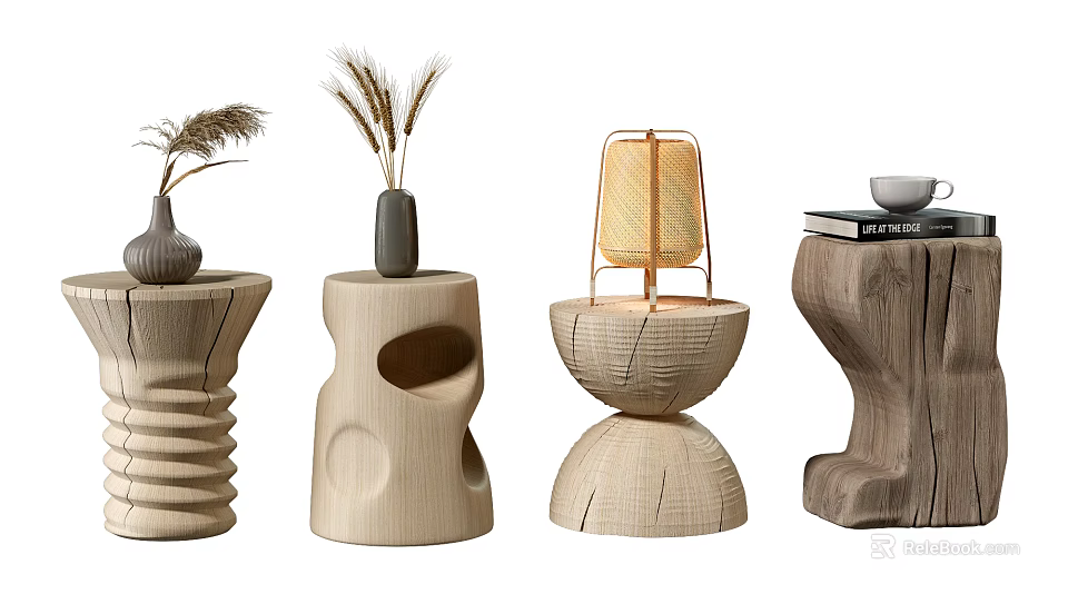 Wooden Side Tables With Various Unique Designs Featuring Vases Lamp Books And Plants 3d model 